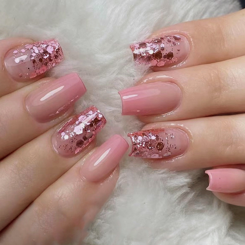 24Pcs/Set Full Cover False Nail Gradients Pink Press Reusable Acrylic Peach Color Fake Nails French Style Stick On Nail Art