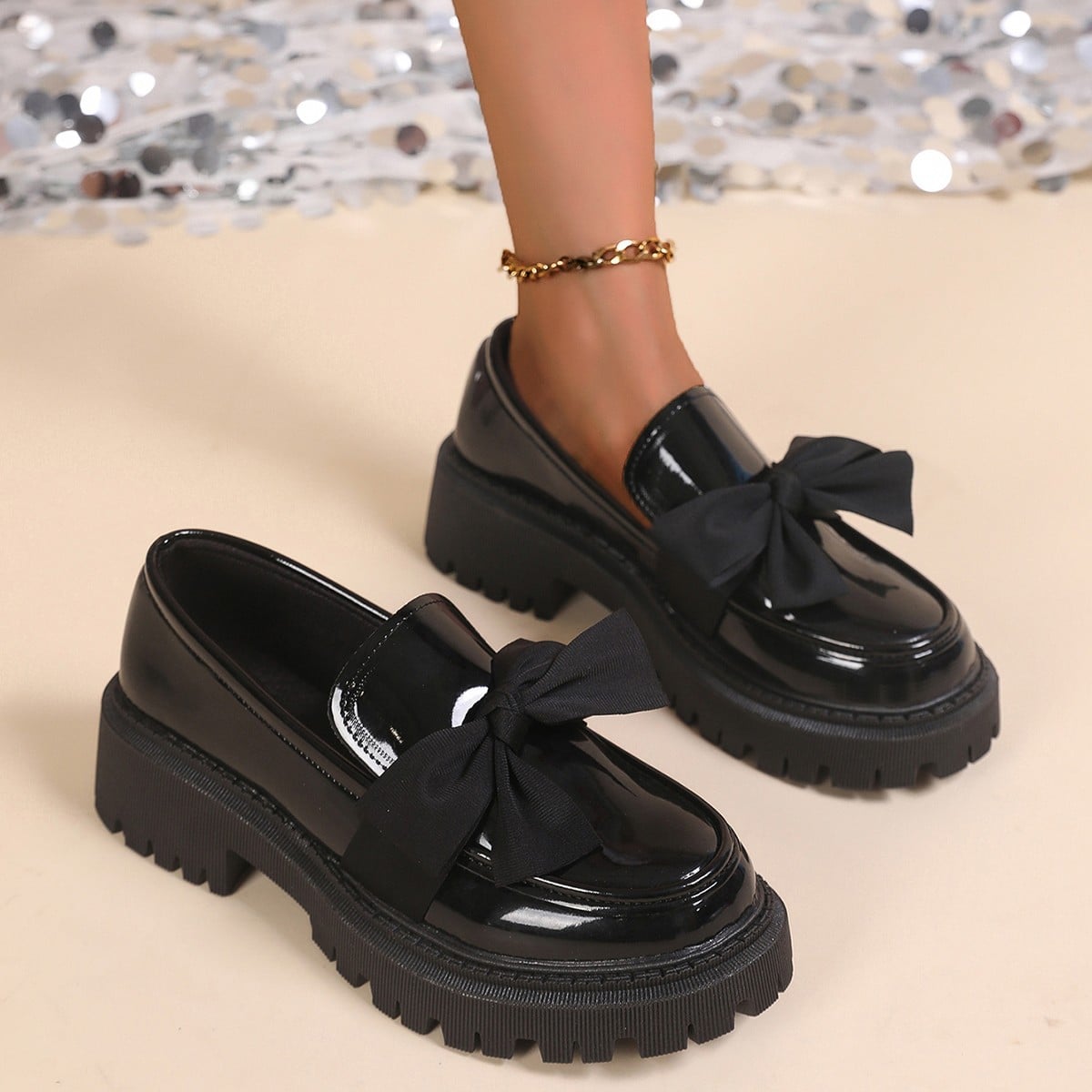 New Le Fu Shoes Women's Bow Thick soled Small Leather Shoes Single Shoes