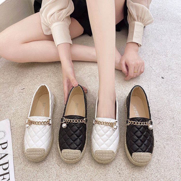 Fisherman shoes female spring and autumn small incense flat metal chain pearl single shoes one pedal women's shoes lazy shoes