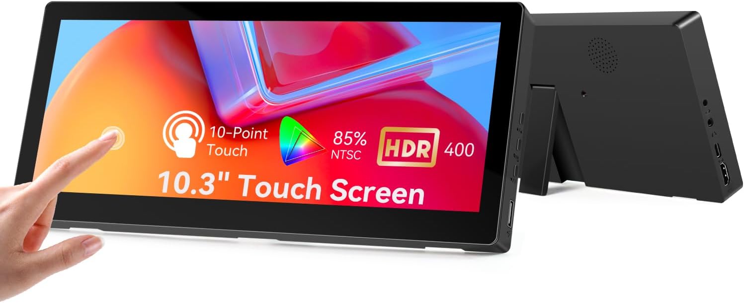 10.3 Inch Small Touchscreen Monitor, 400cd/m², IPS Stretched Bar LCD Mini Travel Touch Display 1920 * 720 HDMI USBC, Portable Touch Screen for Laptop