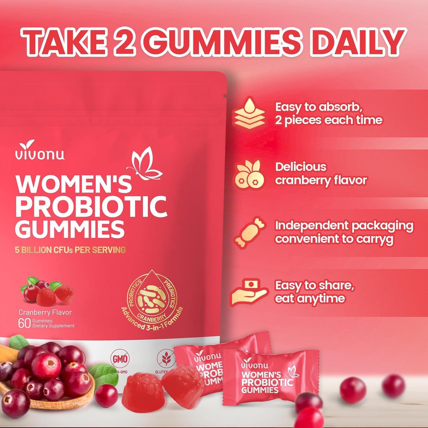 Cranberry Womens Probiotic Gummies for Urinary Tract and Gut Flora Balance Support