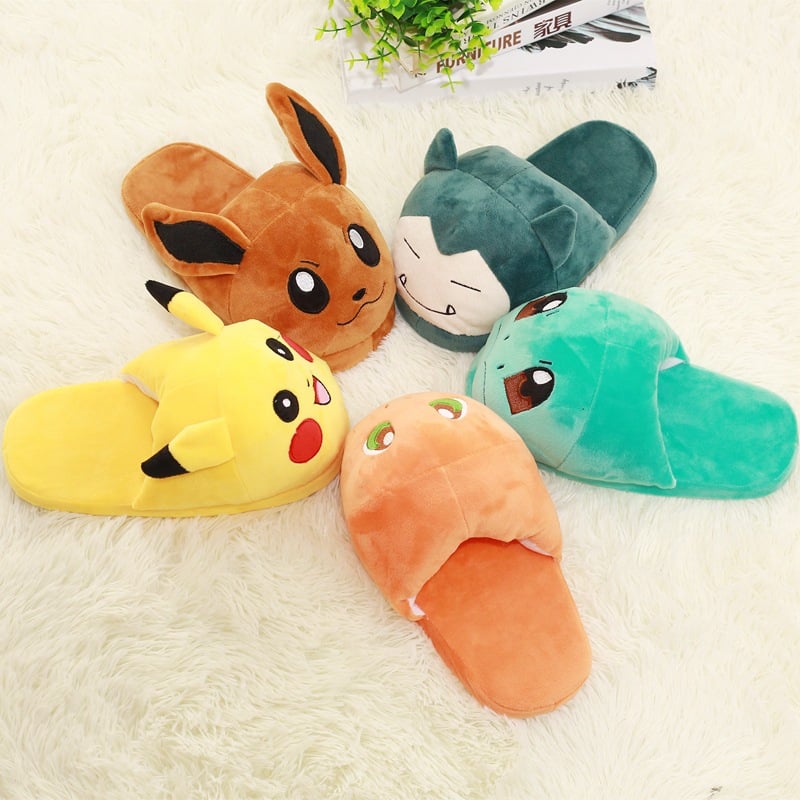 Unisex Anime Cartoon Pikachu Snorlax Eevee Gengar Dolls Slipper Home Cute Warm Slippers Shoes Indoor Bedroom Slides Warm Plush