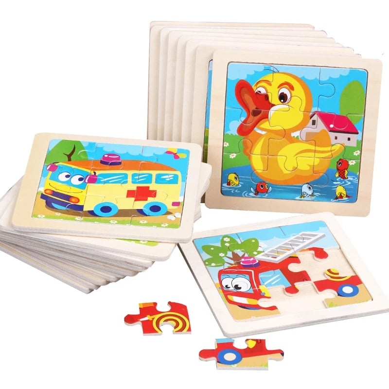 11X11CM Kids Wooden Puzzle Cartoon Animal Traffic Tangram Wood Puzzle Toys Educational Jigsaw Toys for Children GiftS 3pc/