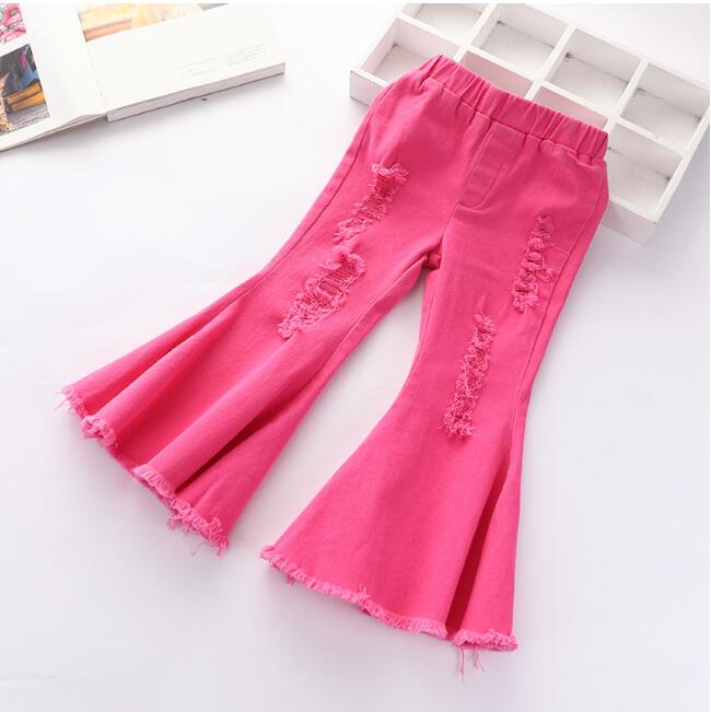 New girls' denim flared pants solid color perforated pants foreign style tight elastic children's pants