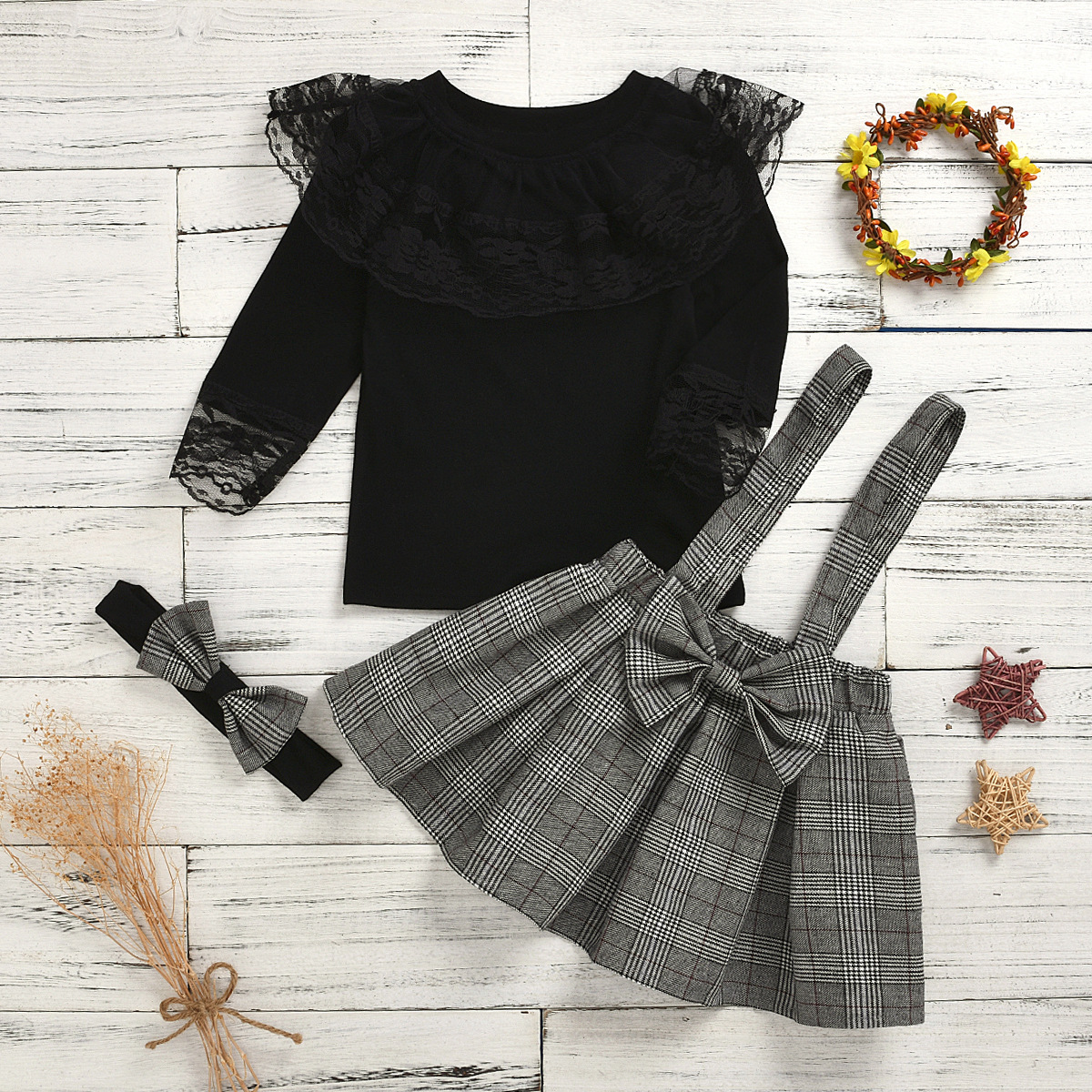 Autumn and winter 22 style baby lace collar long sleeve plaid shoulder skirt girls' suit