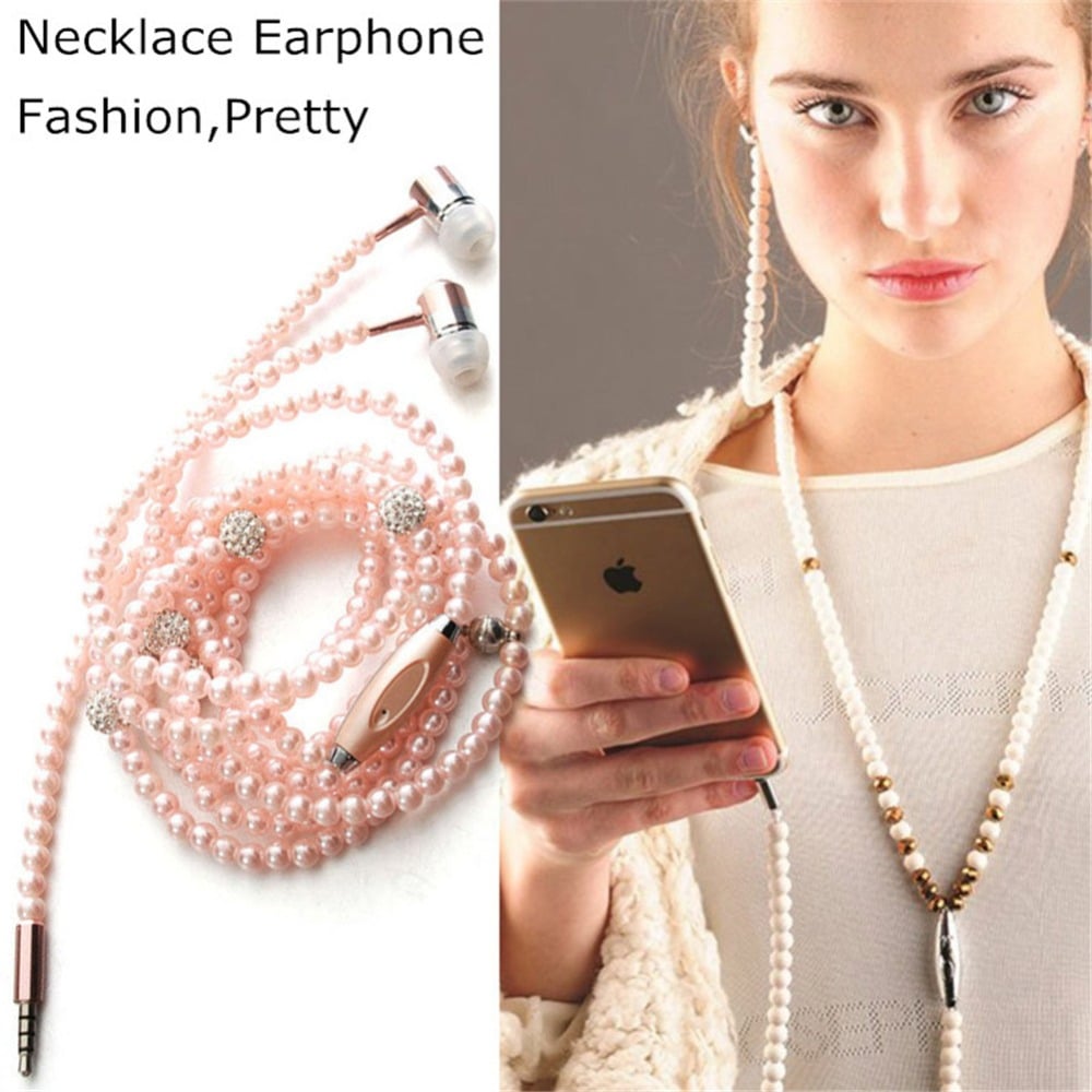 Fashion Pretty Necklace Earphone Pink Girl Rhinestone Jewelry Pearl Earphones 3.5mm With Microphone Earbuds for Brithday Gift