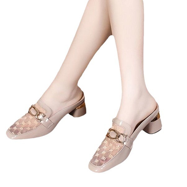 Summer Wear Soft-Soled Sandals Low Heel Thick Heel Fashion Bag Head Half Drag SandalsSoft Leather Mesh Cool