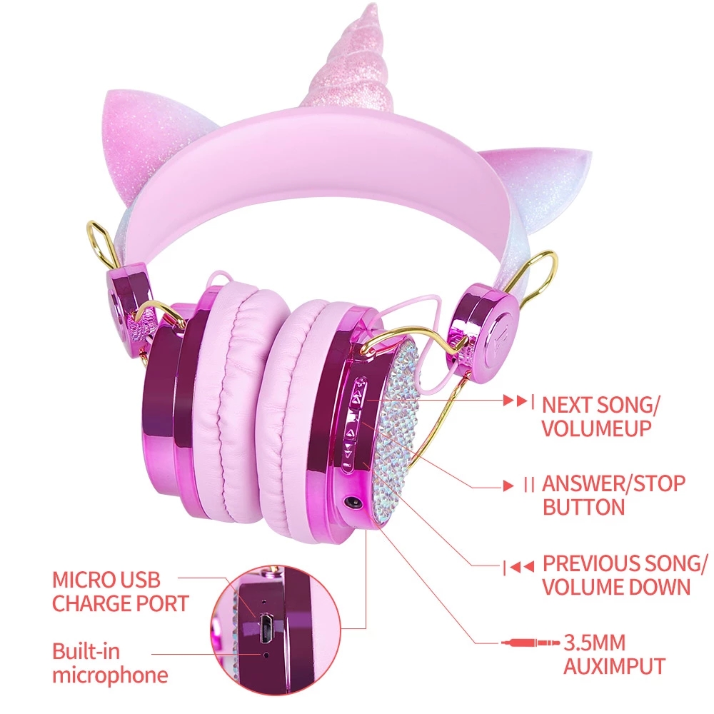 Wireless Headset Cartoon Unicorn Kids Headphones with Microphone Girls Gamer Children Wired Earphone Auriculares Bluetooth Gifts