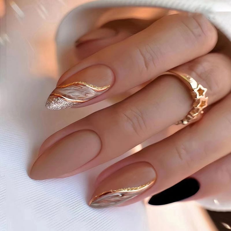 24PCS Fake Nails With Glue Long Detachable French Stick on Nails Coffin Flame Press on Nails Art DIY Manicure Tool