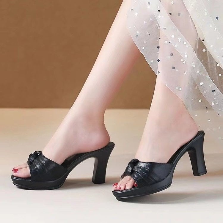 Fashion Knot Block Heel Platform Slippers for Women Summer Peep Toe High Heels Office Shoes
