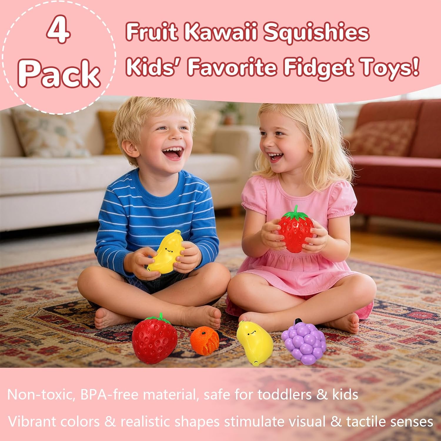 4Pcs Fruit Squishies Squeeze Toys Set, Sunny Day, Food Squishies with Strawberry Banana Orange Squishy, Fidget Toys, Washable Safe Soft Stress Relief