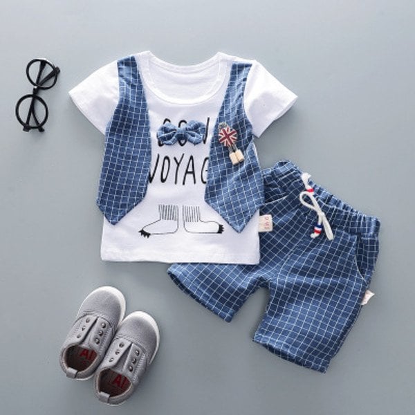 2pcs/set Boys Suit 0-4 Year Baby Cotton Plaid Short-sleeved Shorts Two-piece Set