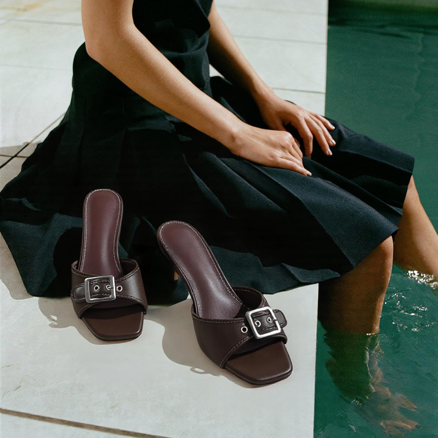 Lovee Cosee Kitten Heels Sandals for Women Square Open Toe Low Heel Slip On Buckle Strap Heeled Sandals Comfortable Walking Party Office Work Outfit