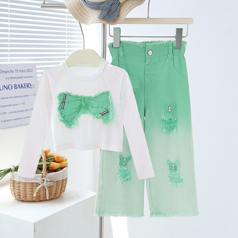 Girls' spring and autumn suits, children's long-sleeved ripped jeans, two-piece set, medium and large children's girls' suits
