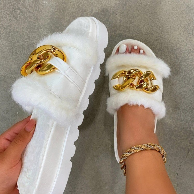 2023 Winter Plush Slippers Fashion Open Toe Solid Color Women's Sandals Metal Chain Outdoor Casual Women's Shoes Fashion Shoes