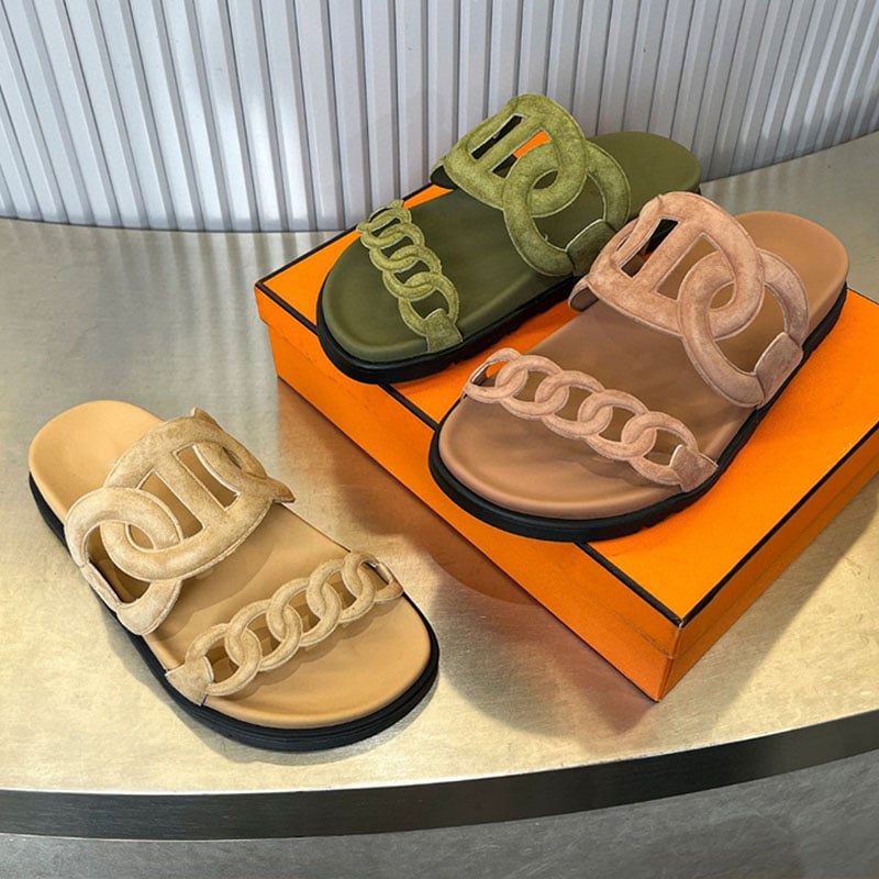 Hermes pig nose woven Roman half slippers female summer outside wear leather hollow two uncle drag a stirrups beach flat sandals