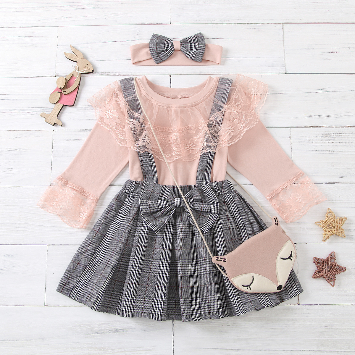 Autumn and winter 22 style baby lace collar long sleeve plaid shoulder skirt girls' suit
