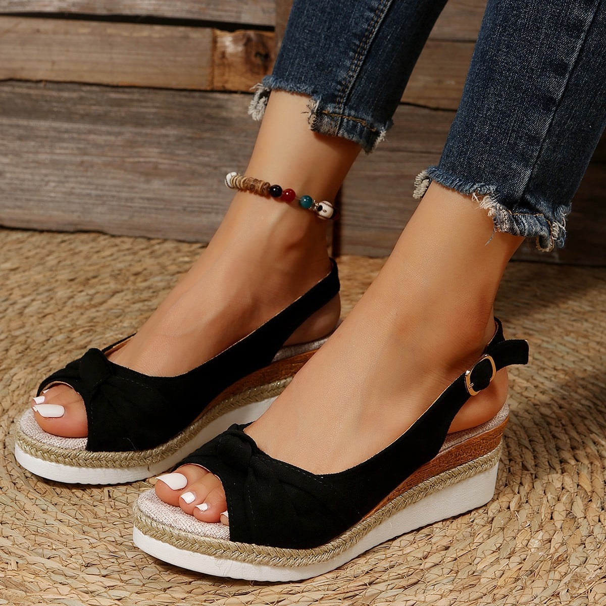 New sandals large size hemp rope bow wedge casual sandals women's shoes