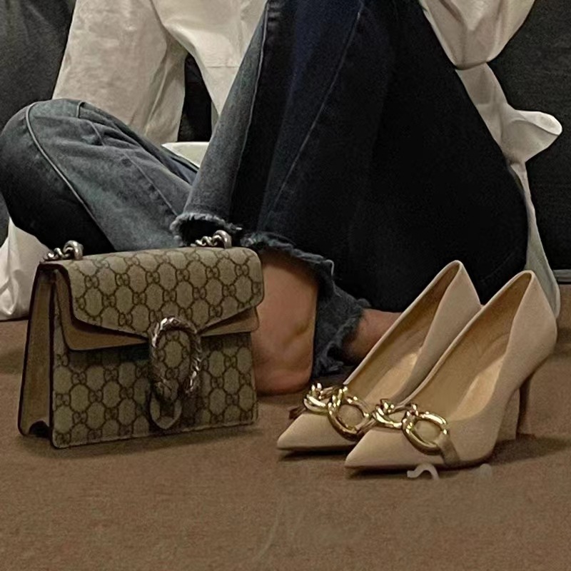 High Heels 2023 New Design Sense Metal Chain French Style Fine Heel Nude Pointed Single Shoe Women