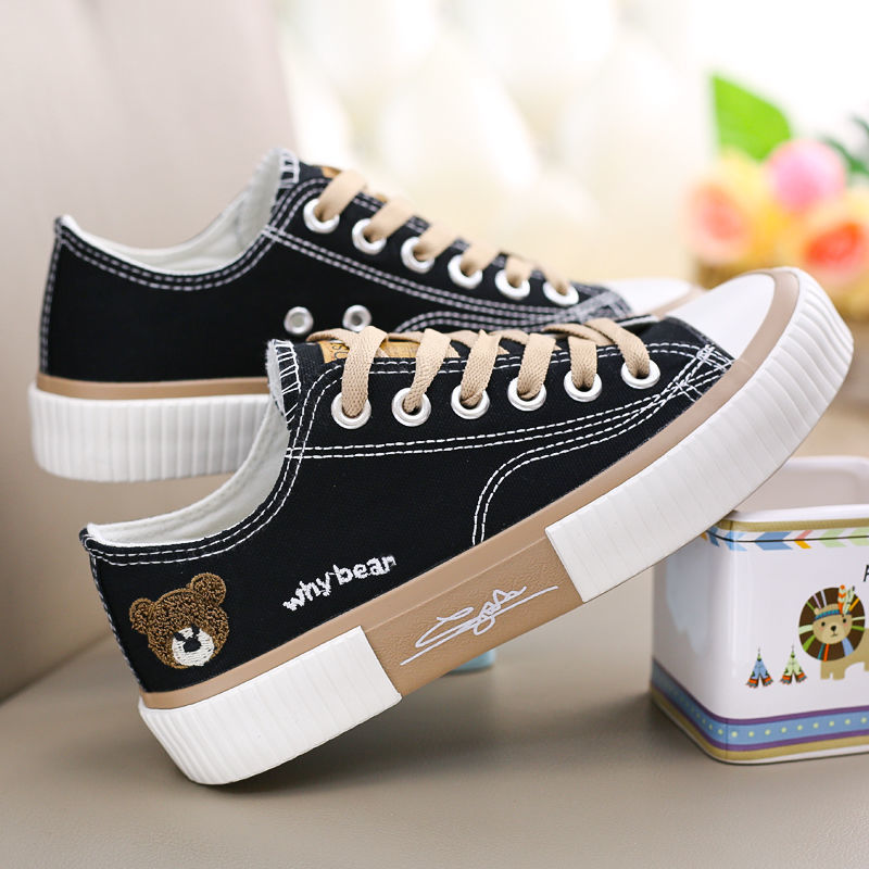 Women's Color-block Lace-up Canvas Shoes Cute Bear Pattern Flat Casual Shoes