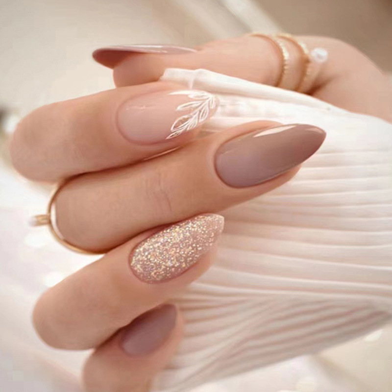 24Pcs Pointed Shape False Nails Wearable Flower Design Fake Nails Full Cover Nail Tips Press On Nails
