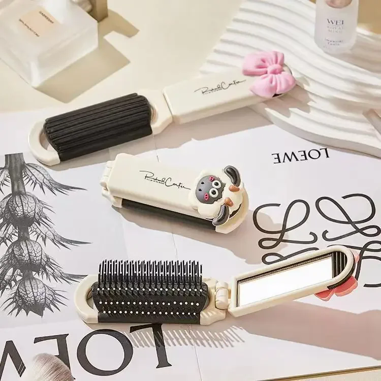 1PC Small comb milk white lamb portable portable portable mini folding airbag comb for women's bangs with folding mirror