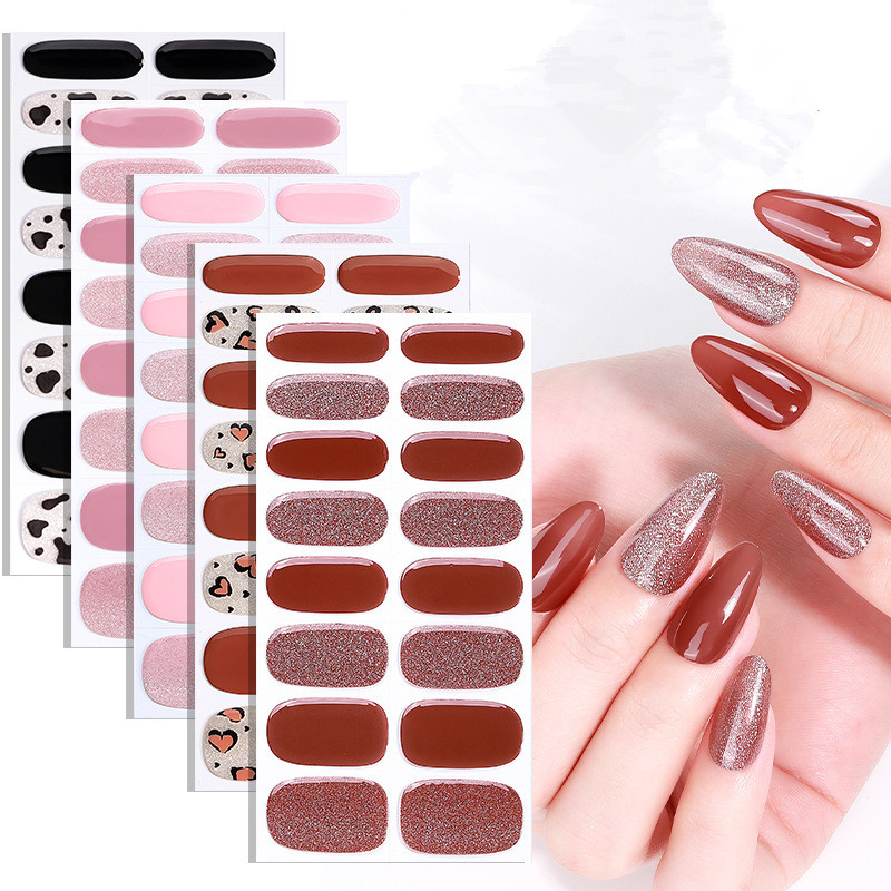 16Tips French Stripe Gel Nail Strips Full Cover Shining Polka Dot Baking-Free Gel Nail Stickers DIY Manicure Decoration