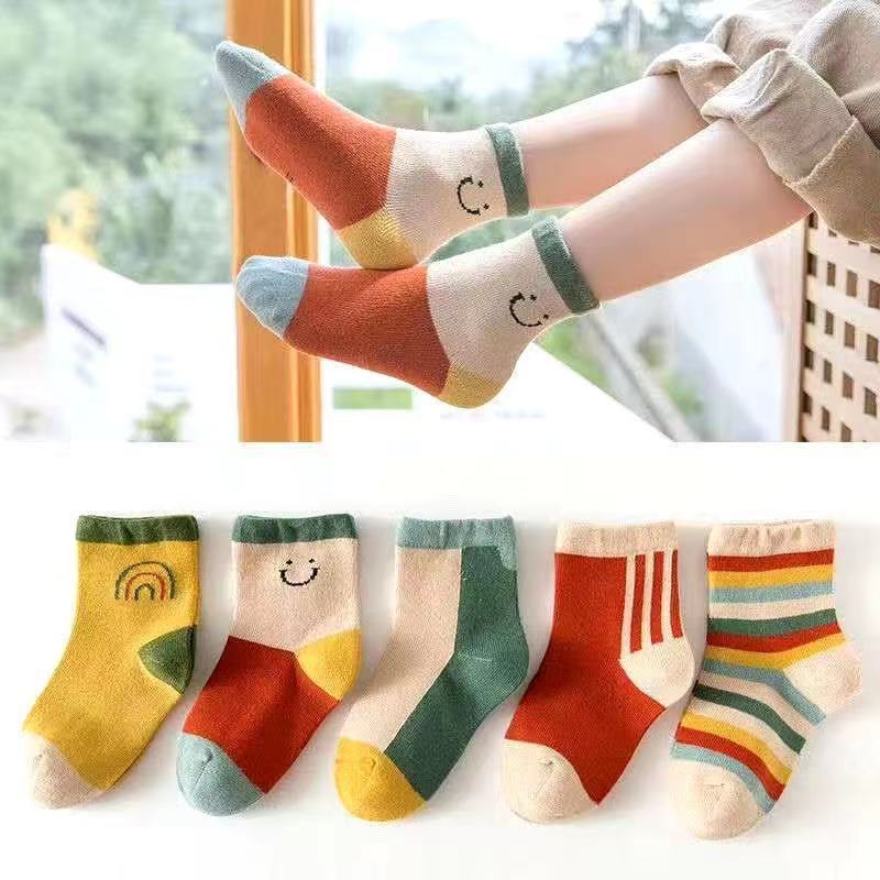 5 pairs of medium tube pure male autumn and winter female baby cartoon children's socks polyester cotton floor socks