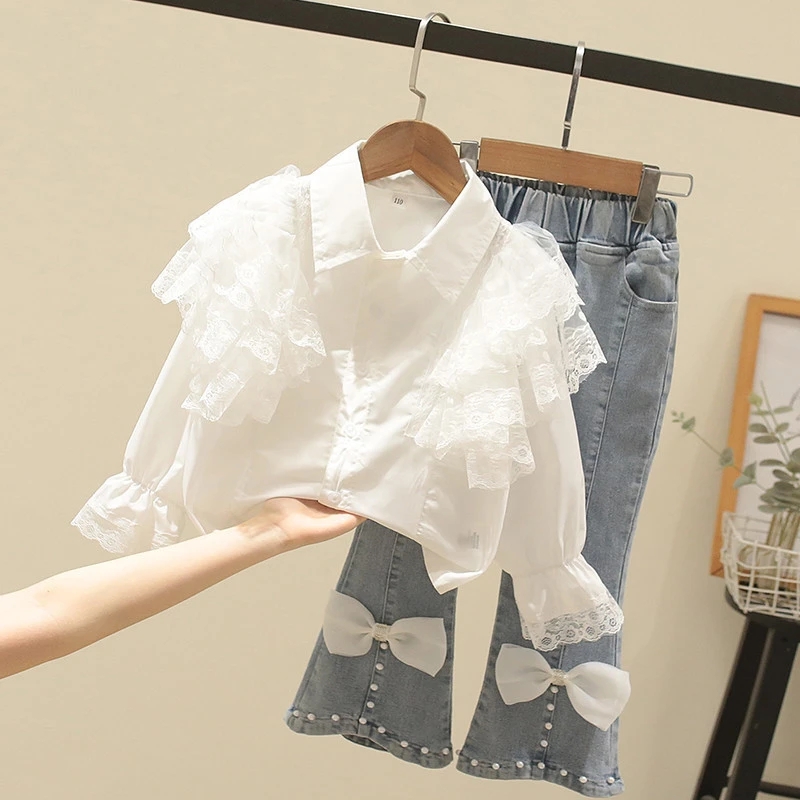 Girls Set Tops And Pants 2 Pieces Ribbon Short Sling Fashion Blue Suspender Shorts Set European Children's Suits