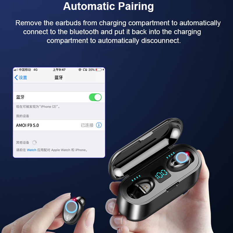 F9 Bluetooth V5.0 Earphone Wireless Headphones 9D Stereo Sport Headset TWS Mini Earbuds with Power Bank 2000mAh Phone Holder