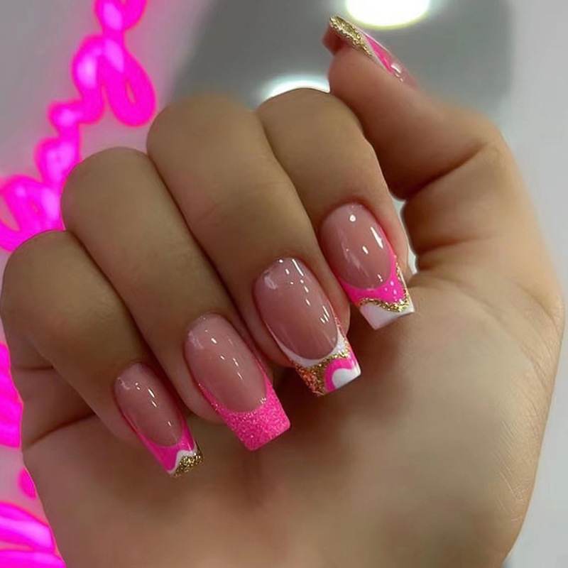 24PCS Fake Nails With Double-sided glue Almond Shape Color Wave Detachable French Stick on Nails Coffin Flame Press on Nails Art