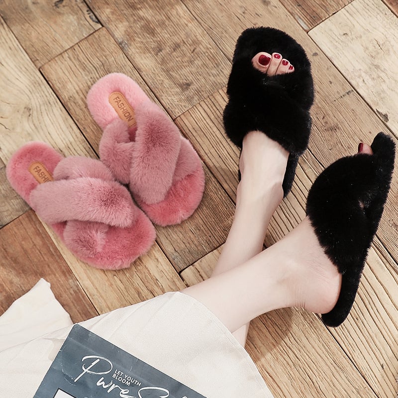 Women's Cross Strap Flat Fuzzy Slippers Solid Color Open Toe Warm Comfy Slides Shoes Indoor Cozy Shoes