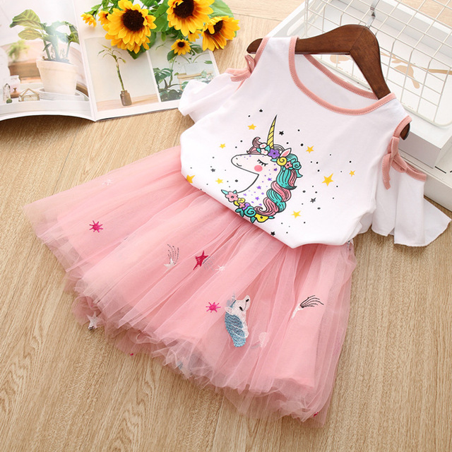 2pcs/set Unicorn Dress Clothing Sets Kid Baby Girls Summer Clothes Toddler Outfits Children Girl Wedding Princess Dress