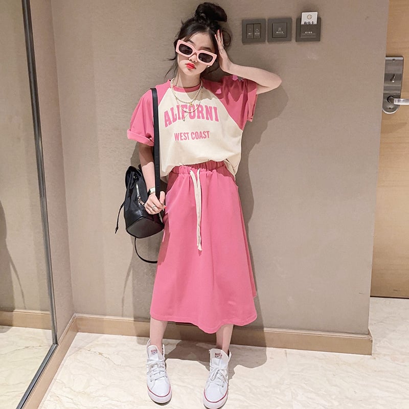 Girls' summer suit trendy children's clothing summer short sleeved loose mid to large children's summer skirt thin two-piece set