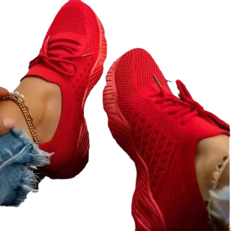 Women's summer new plus size casual single shoe thick sole solid color lace up fly woven flat shoe