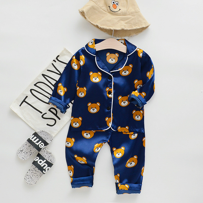 Children's pajamas suit boys and girls ice silk satin cartoon print home service single-breasted short-sleeved cover