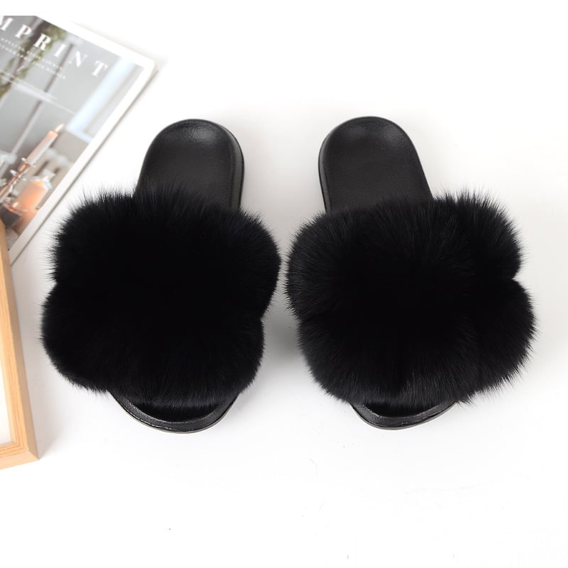 Fox Hair Slippers Women Fur Home Fluffy Sliders Plush Furry Summer Flats Sweet Ladies Shoes Large Size 45 Cute Pantufas