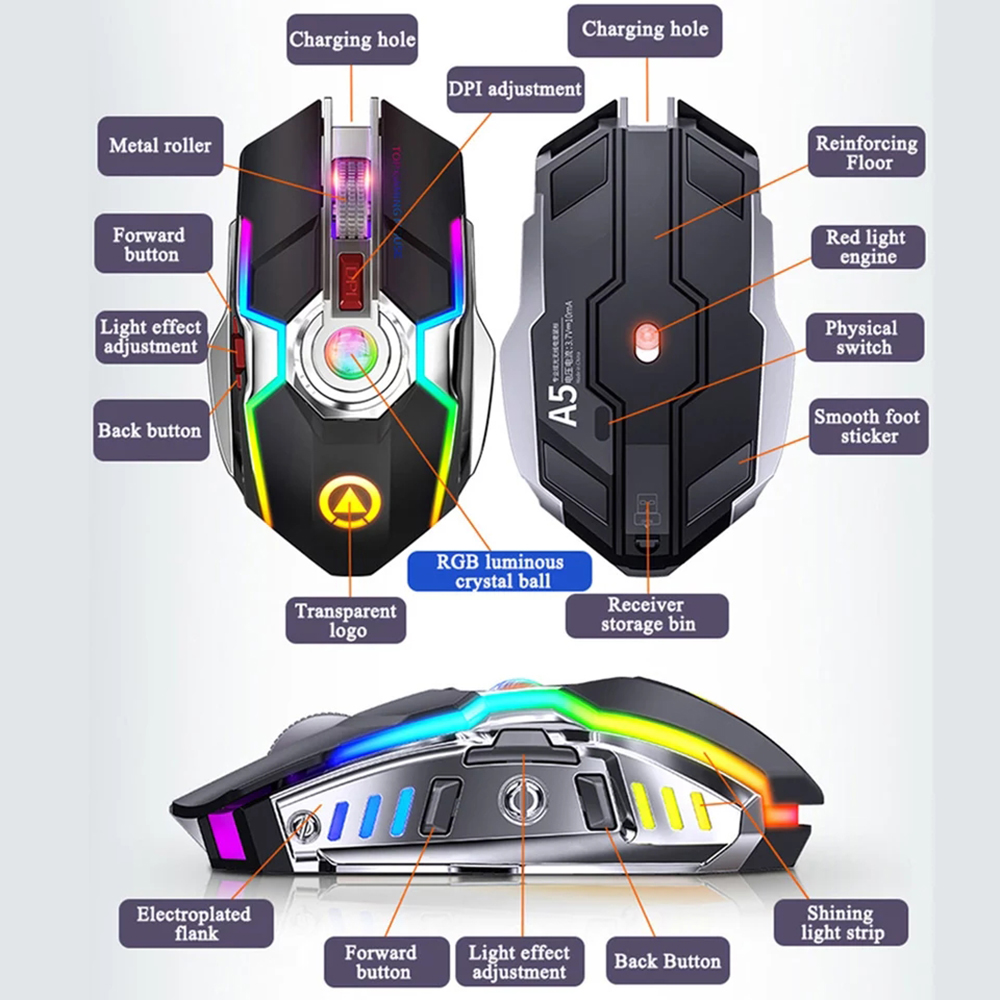 Wireless Mouse RGB Rechargeable Mouse Wireless Computer Silent Mause LED Backlit Ergonomic Gaming Mouse For Laptop PC