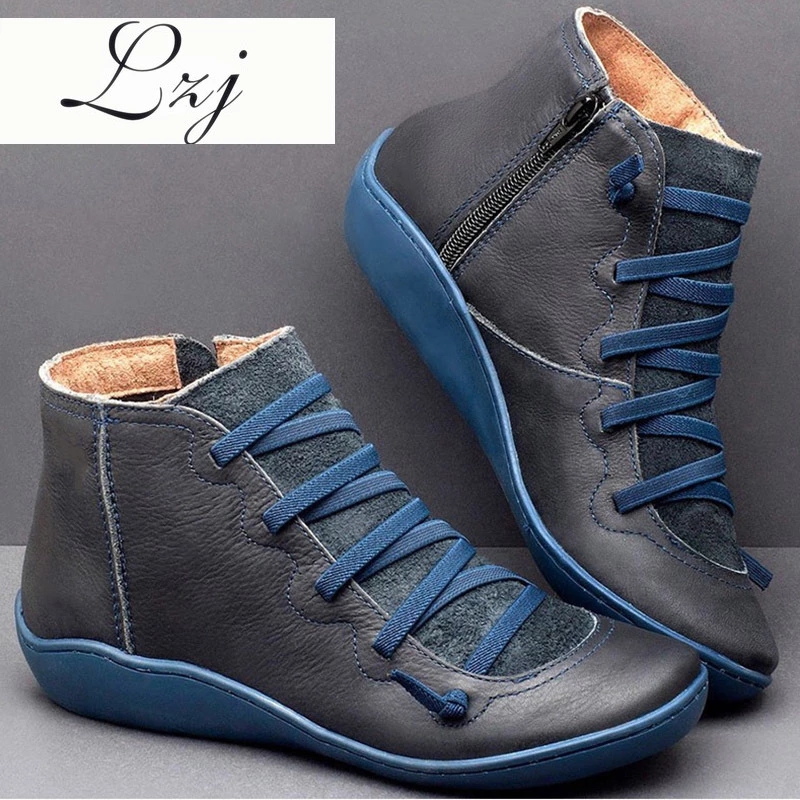 Women's PU Leather Ankle Boots Autumn Winter Cross Strappy Vintage Zipper Punk Boots Flat Short Snow Boots Lace Up Shoes