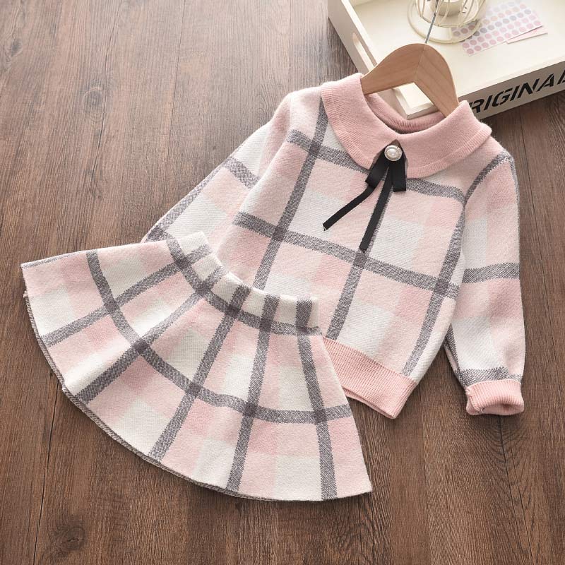 2025 autumn and winter new cute sweet girl bow knitted pullover wool half-length pleated skirt two-piece suit