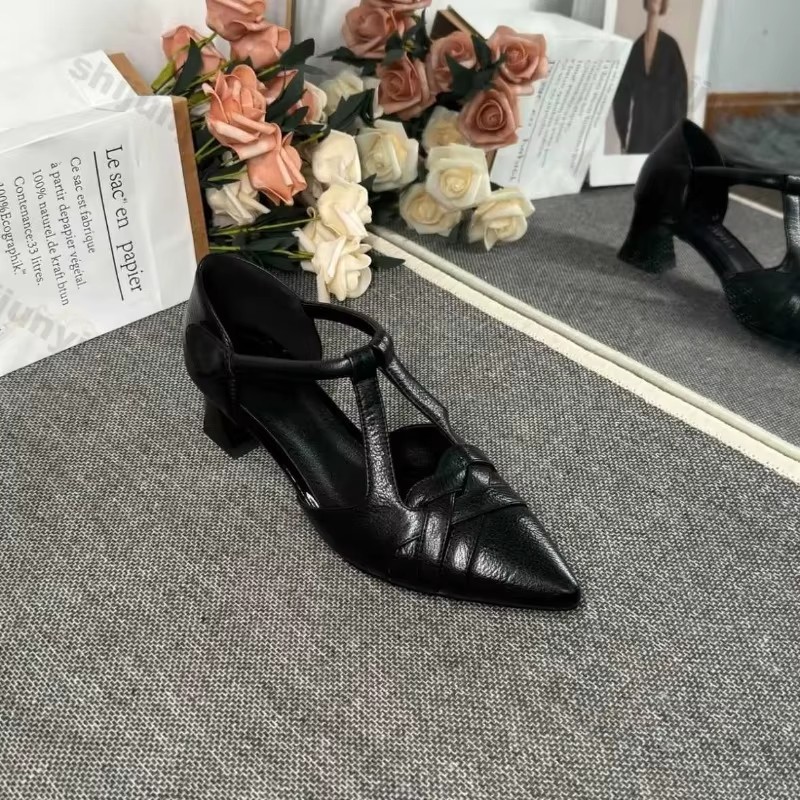 Women's Mary Jane Shoes 2026 Spring Summer New Square Heel Medium Heel Shallow High Heels Retro Pointed Toe Heeled Sandals