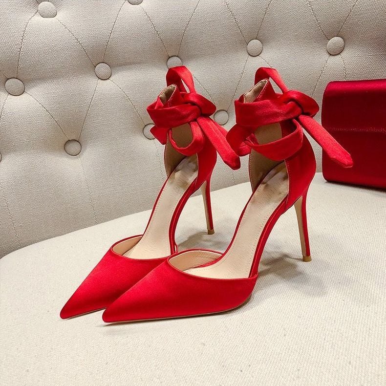High Heel Sandals Women New Pointed Bow Shallow Mouth Single Shoes Pearl Rhinestone Wedding Shoes