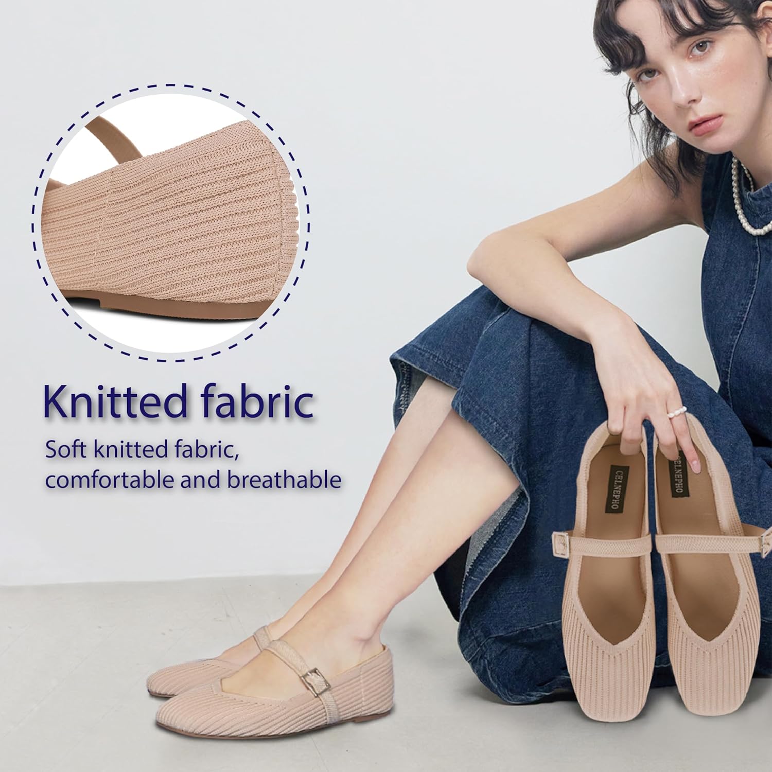CELNEPHO Flats for Women Mary Jane Shoes Ballet Flats Shoes Square Toe with Ankle Strap Dressy Comfortable Office Shoes