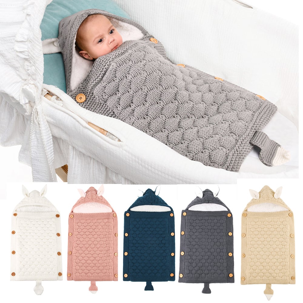 Autumn and winter baby stroller sleeping bag with knitted buttons and plush insulation Mini ear small tail sleeping bag