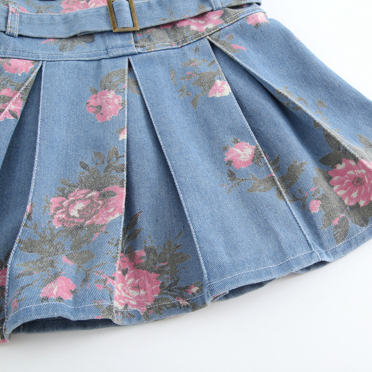 Girls' sleeveless denim dress summer flower print denim skirt cinched waist lapel thin sundress