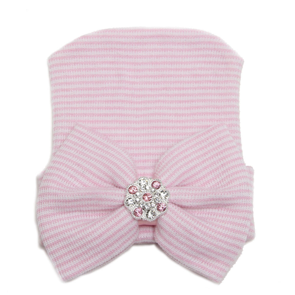 baby girl big bow, shiny diamond, pink knitted hat, newborn baby pullover hat