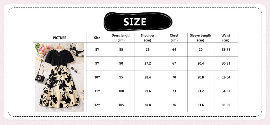 Korean Fashion Summer Children's Dress Black Short-Sleeved Floral Dress With Belt Comfortable Decent Dress For Party Or Vacation