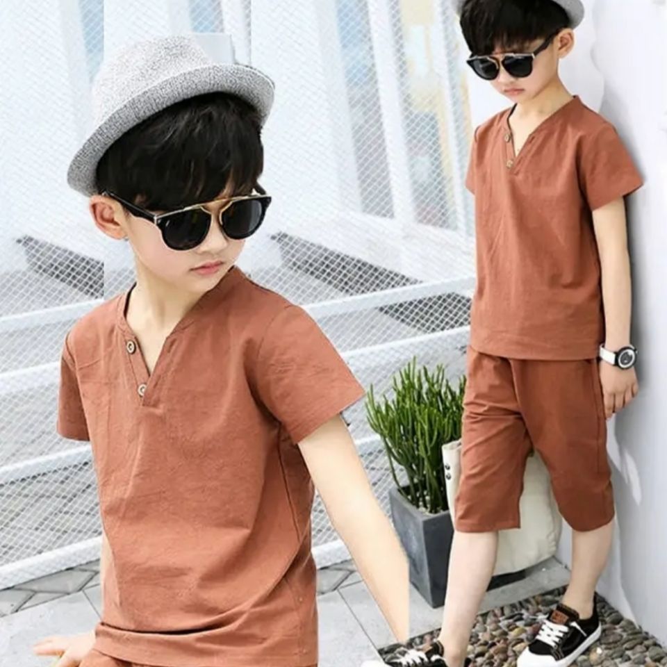 Children's clothing boy summer cotton and linen short-sleeved suit children's summer big boy boy two-piece suit Korean version