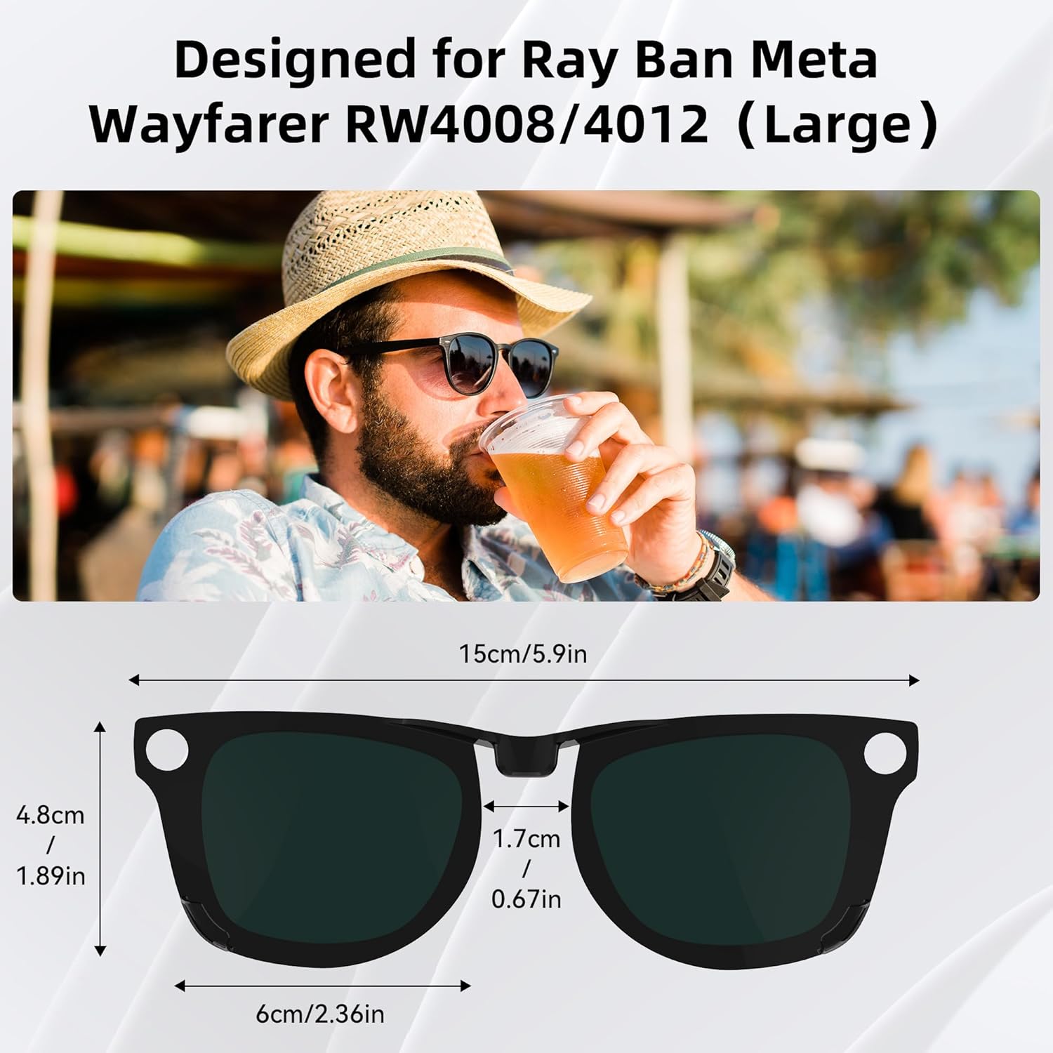HIBLOKS Polarized Clip-ons for Ray-Ban Meta Wayfarer (RW4008 & RW4012 Large 53-22), Discoloration Clips Compatible with Ray-Ban Meta Wayfarer Gen 2 Pr