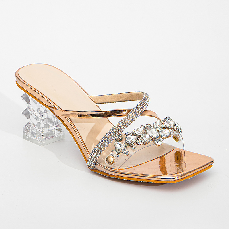 Women's square head rhinestone with transparent crystal thick heels high heels sandals and slippers